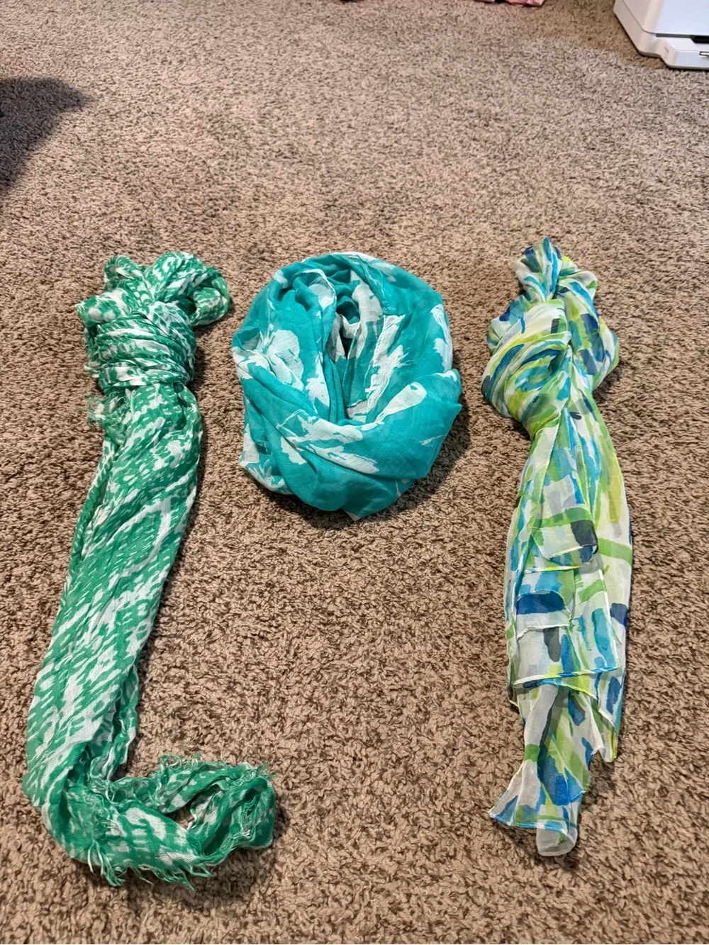Set of Three Lightweight Patterned Scarves in Teal & Green